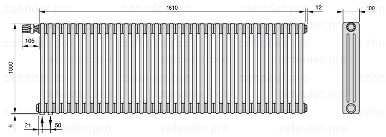 Схема (чертеж) Радиатор Zehnder Charleston 3100/35 №V001 Белый глянцевый RAL 9016